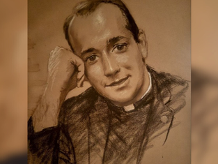 Charcoal drawing of a smiling man in a clerical collar, resting his head on his hand. Warm tones create a serene, thoughtful mood.