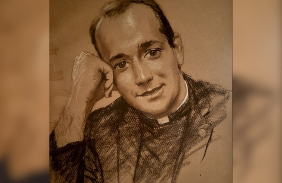 Charcoal drawing of a smiling man in a clerical collar, resting his head on his hand. Warm tones create a serene, thoughtful mood.