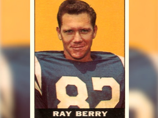 Vintage football portrait of Ray Berry in a blue jersey numbered 82 against a yellow background, with his name printed below.