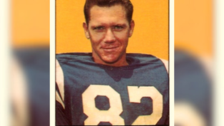 Vintage football portrait of Ray Berry in a blue jersey numbered 82 against a yellow background, with his name printed below.