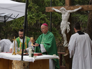 Outdoor Catholic Mass with bishop in green vestments holding a chalice beside a crucifix, under a white canopy in a forest.