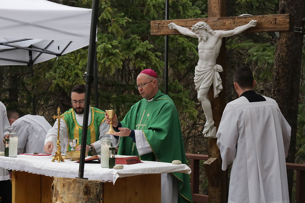 Outdoor Catholic Mass with bishop in green vestments holding a chalice beside a crucifix, under a white canopy in a forest.