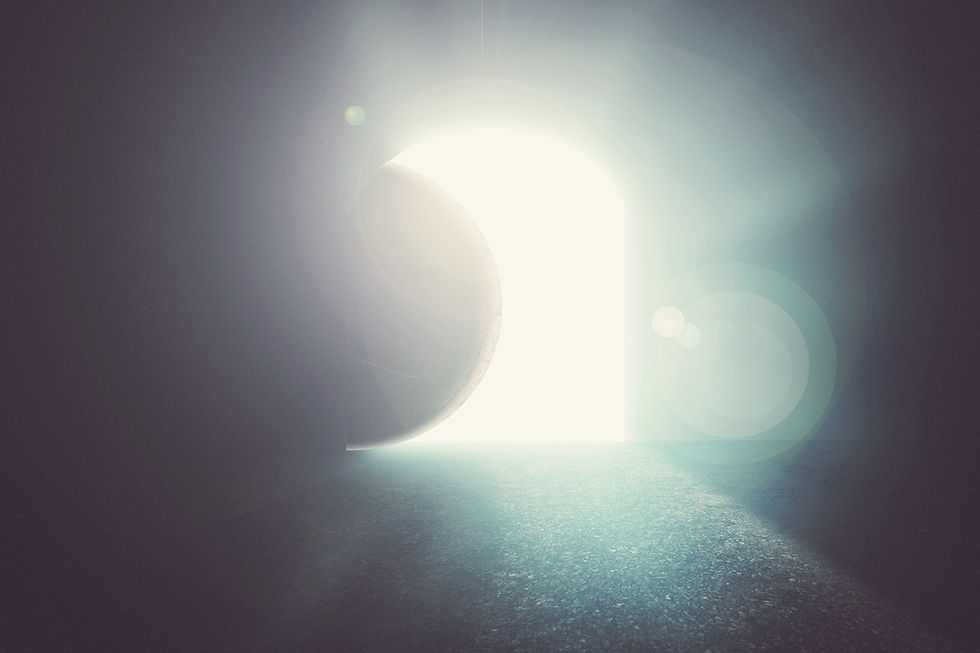 A large, illuminated door opens in a dim space, casting bright light and creating a serene, mystical atmosphere with soft lens flares.
