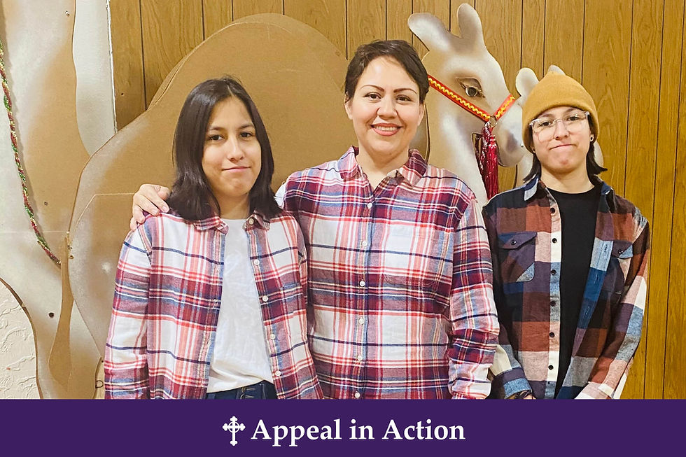 Three people in plaid shirts smile in front of a wooden wall and holiday decor. Text below reads "Appeal in Action" on a purple banner.