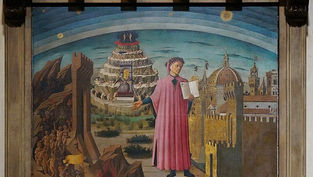 A figure in a pink robe holds a book in a cityscape with a spiral mountain. Surroundings show medieval architecture and blue sky.