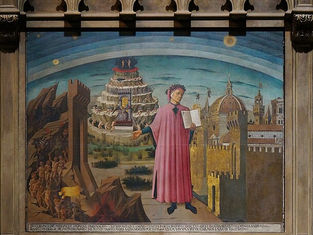 A figure in a pink robe holds a book in a cityscape with a spiral mountain. Surroundings show medieval architecture and blue sky.