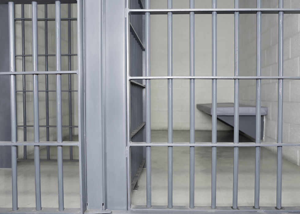 Empty jail cell with gray bars, a simple bed, and neutral walls, creating a stark and somber atmosphere. No text visible.