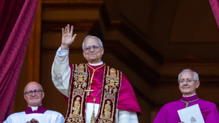 Three clergy on a balcony; central figure waves, wearing ornate robes. Red drapes frame them, creating a formal, uplifting scene.