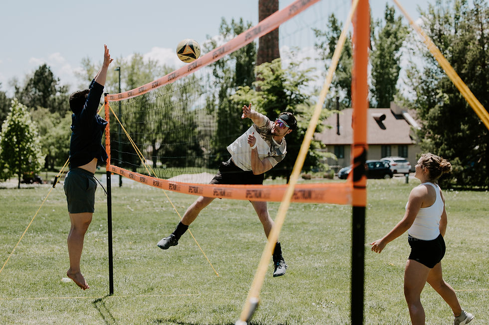 Three people play volleyball outdoors. One jumps to hit the ball over a net, another prepares to block. Trees and a house in the background.
