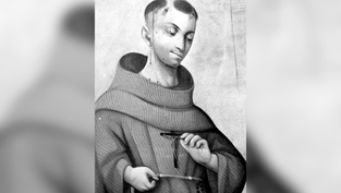 Black-and-white painting of a hooded monk or saint holding a rosary, with a calm, downcast expression against a plain background.