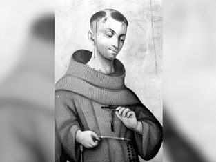 Black-and-white painting of a hooded monk or saint holding a rosary, with a calm, downcast expression against a plain background.