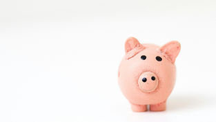 Pink piggy bank on a white background. The simple, minimalist design suggests saving and financial management.