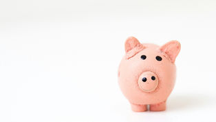 Pink piggy bank on a white background. The simple, minimalist design suggests saving and financial management.