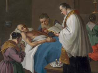 Priest reads to a sick man in bed, two women pray beside them in a dim room. Somber mood with blue and white bedding, candles lit.