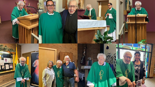 Elderly deacon in green vestments speaks at podium, poses with people in church setting. Candles, statues, and banners visible.