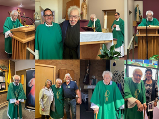 Elderly deacon in green vestments speaks at podium, poses with people in church setting. Candles, statues, and banners visible.