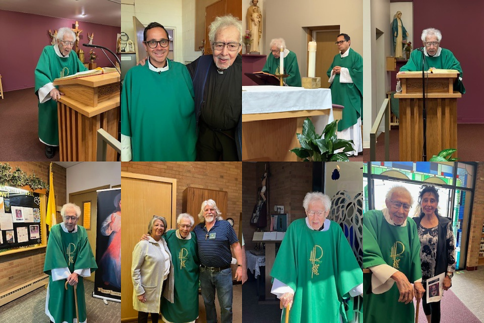 Elderly deacon in green vestments speaks at podium, poses with people in church setting. Candles, statues, and banners visible.