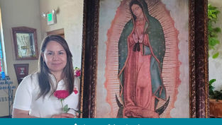 A woman in a white shirt holds a red rose beside a framed religious image in a room with soft light. Text reads "Appeal in Action."