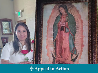A woman in a white shirt holds a red rose beside a framed religious image in a room with soft light. Text reads "Appeal in Action."