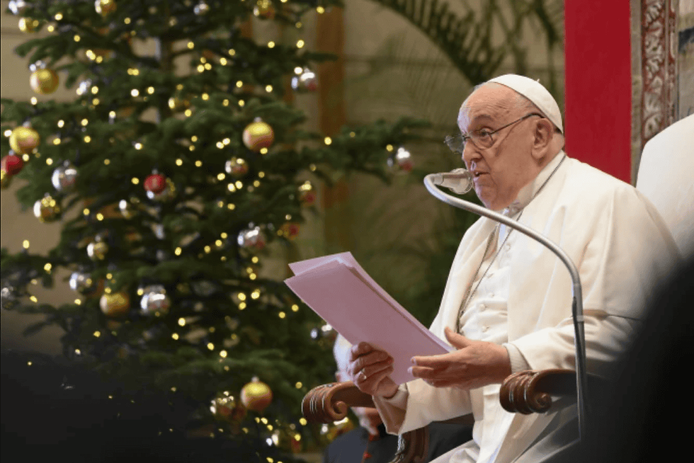 Pope Francis addresses cardinals and senior Vatican officials during his annual Christmas speech to the Roman Curia, Dec. 21, 2024. (Photo: Vatican Media)
