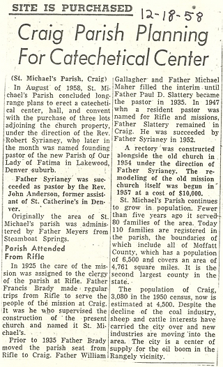 Newspaper clipping titled "Craig Parish Planning For Catechetical Center" from 12-18-58 discusses land purchase and construction plans.
