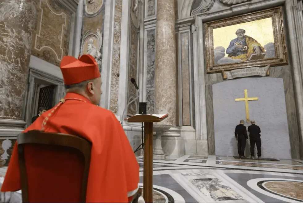 The traditional ceremony to verify and ascertain that the Holy Door, closed during the last holy year, is intact, sealed, and ready to be reopened at the beginning of the new Jubilee 2025 was led by the archpriest of St. Peter’s Basilica, Cardinal Mauro Gambetti on Dec. 2, 2024. (Photo: Vatican Media)
