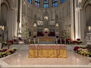 Ornate church altar with a gold-cloth table, flanked by lit Christmas trees, surrounded by red and white flowers. Stained glass above.