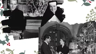 Collage of black-and-white vintage film scenes featuring a nun smiling, couples in formal attire, and holiday decorations including a Christmas tree, set against a festive illustrated background.