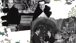 Collage of black-and-white vintage film scenes featuring a nun smiling, couples in formal attire, and holiday decorations including a Christmas tree, set against a festive illustrated background.
