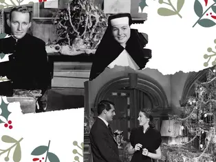 Collage of black-and-white vintage film scenes featuring a nun smiling, couples in formal attire, and holiday decorations including a Christmas tree, set against a festive illustrated background.