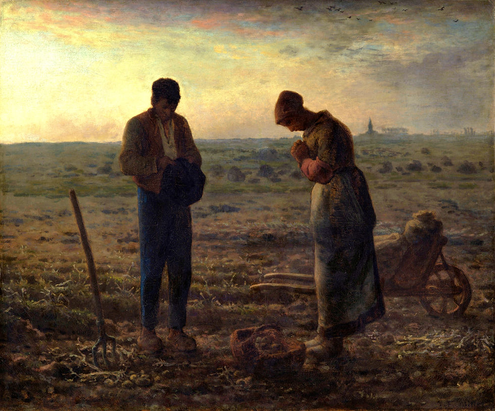 Two people bow in prayer in a field at sunset; one holds a hat. Wheelbarrow and pitchfork are nearby. Sky is warm, hinting tranquility.