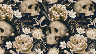 Skulls and flowers, with butterflies, create a detailed pattern on a dark background. Cream, beige, and green tones give a vintage vibe.