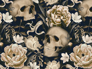 Skulls and flowers, with butterflies, create a detailed pattern on a dark background. Cream, beige, and green tones give a vintage vibe.