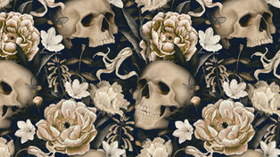 Skulls and flowers, with butterflies, create a detailed pattern on a dark background. Cream, beige, and green tones give a vintage vibe.