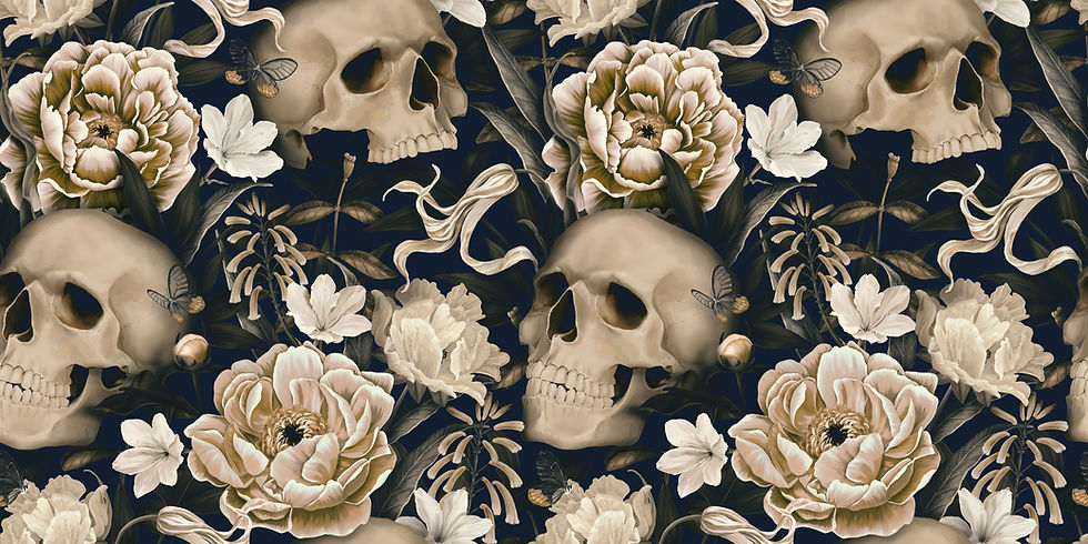 Skulls and flowers, with butterflies, create a detailed pattern on a dark background. Cream, beige, and green tones give a vintage vibe.