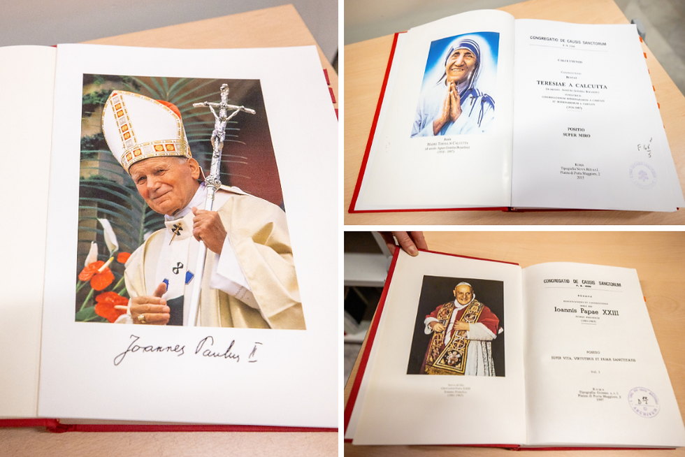 Clockwise from left: Information on Sts. John Paul II, Teresa of Calcutta and John XXIII is part of the dicastery records.(Photo: Daniel Ibáñez/EWTN News)