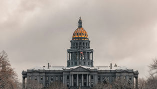 Gray building with a gold dome under cloudy skies. American flag visible, surrounded by snow-covered trees. Calm, wintery atmosphere.