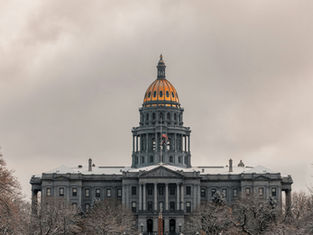 Gray building with a gold dome under cloudy skies. American flag visible, surrounded by snow-covered trees. Calm, wintery atmosphere.