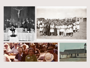 People in various settings: a church altar with two individuals, a large group of children outdoors, a gathering of seniors, and a rural church.