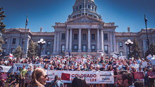 Crowd at Colorado march in front of a grand building, holding pro-life signs and banners, under a clear blue sky, creating a lively atmosphere.