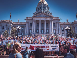 Crowd at Colorado march in front of a grand building, holding pro-life signs and banners, under a clear blue sky, creating a lively atmosphere.