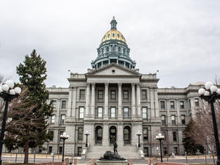 State Capitol building with a gold dome, gray stone facade, and statues. Overcast sky with trees and lampposts surrounding the entrance.