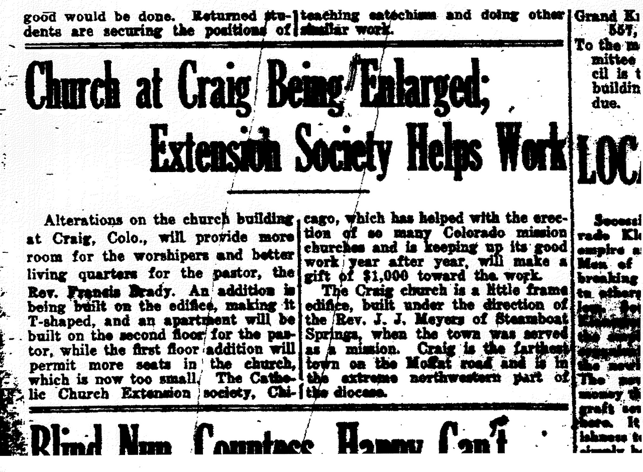 Newspaper headline reads "Church at Craig Being Enlarged; Extension Society Helps Work." Article discusses church expansion in Craig, Colorado.