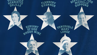 Five women’s portraits in white stars on blue poster, labeled Venerable/Servant of God, including Henriette Delille and Mary Lange.