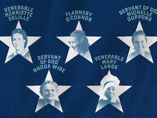 Five women’s portraits in white stars on blue poster, labeled Venerable/Servant of God, including Henriette Delille and Mary Lange.