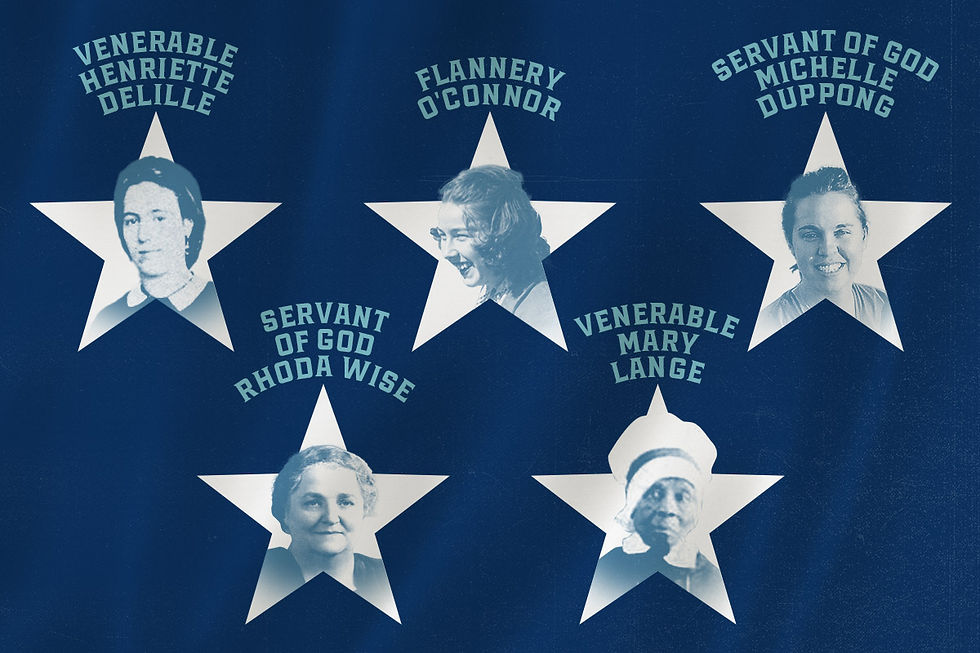 Five women’s portraits in white stars on blue poster, labeled Venerable/Servant of God, including Henriette Delille and Mary Lange.