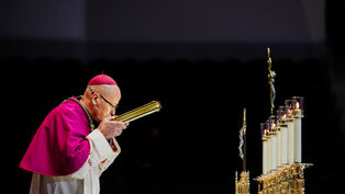 A bishop in pink and white attire kisses a gold object in a dimly lit space. Candles and a crucifix are on the altar. solemn mood.