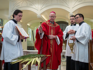 A religious ceremony with clergy in red and white robes; a man sprinkles holy water over palm fronds. Elaborate arches in the background.