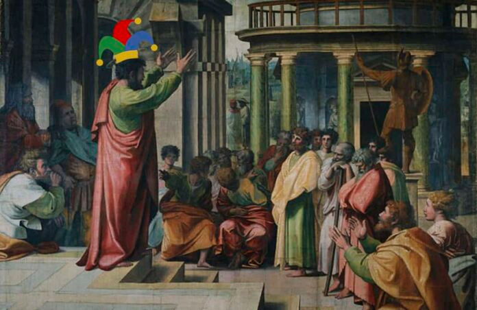 A historical-style painting shows a man in a jester's hat addressing a crowd in a classical setting. People in robes watch intently.