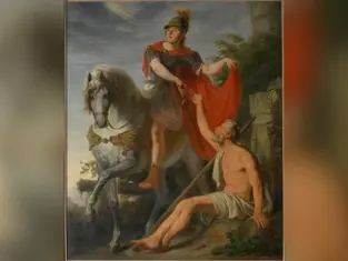 A soldier on a horse offers a cloak to a seated man in a rustic setting. The soldier wears a red cape and armor, evoking a heroic mood.